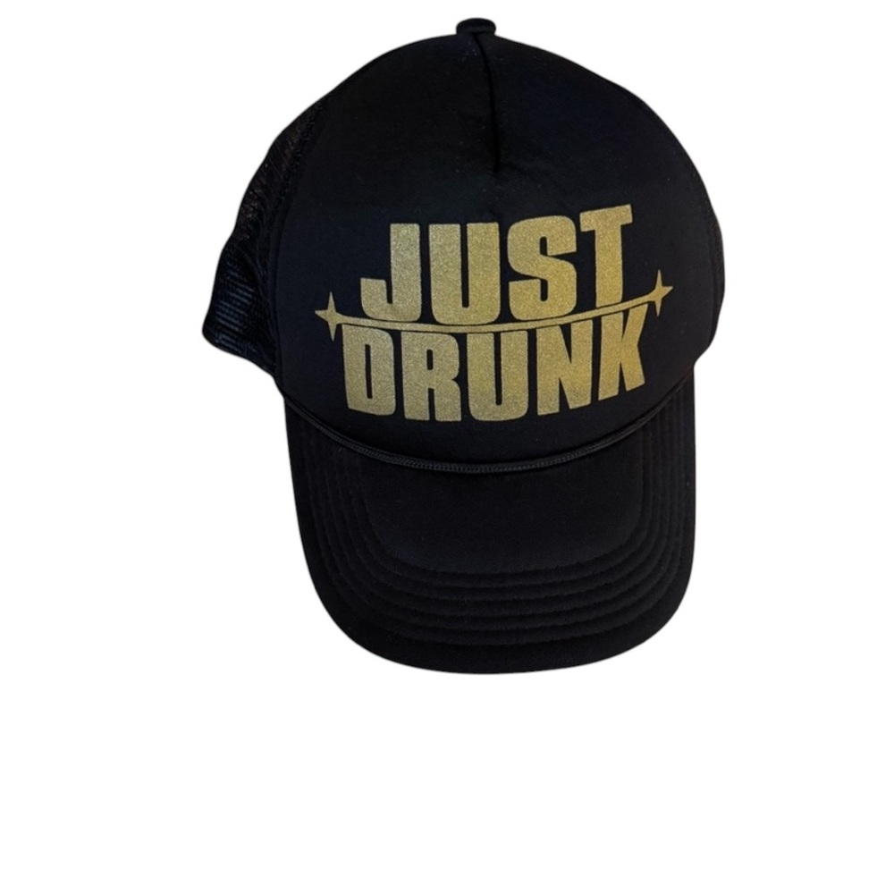 Hat Just Drunk trucker/mesh  baseball snap cap black and gold host pick